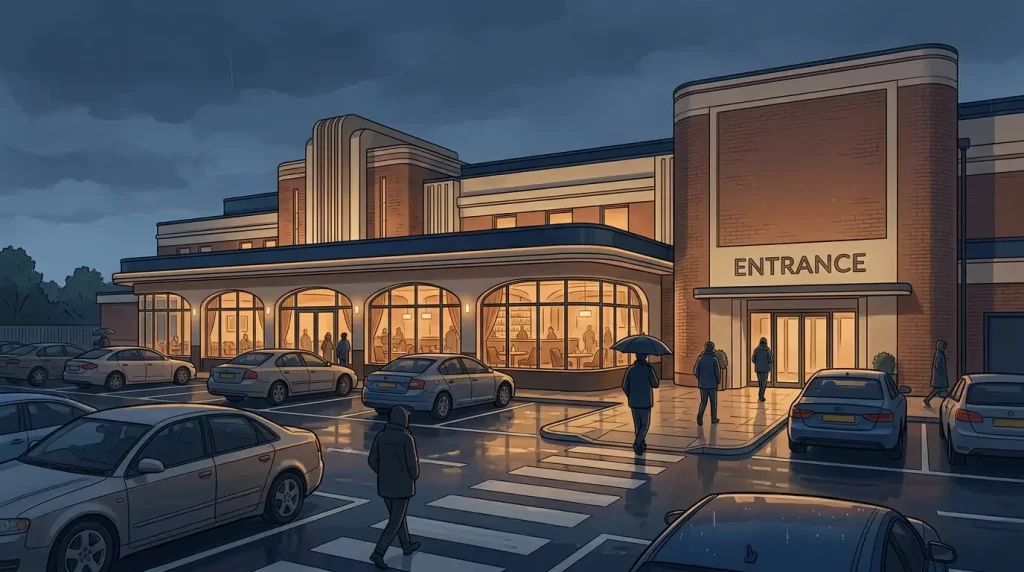 Illustration of parking, dining and casino facilities for a Maybury visit